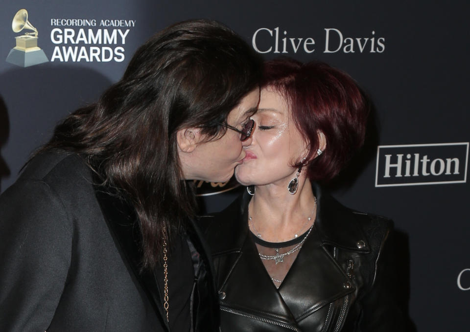 Ozzy Osbourne, Sharon Osbourne walking the red carpet at the Clive Davis' 2020 Pre-Grammy Gala held at The Beverly Hilton Hotel on January 25, 2020 in Los Angeles, California USA (Photo by Parisa Afsahi/Sipa USA)