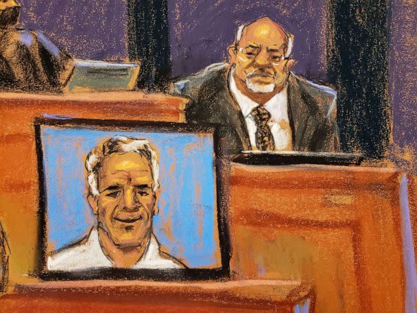 PHOTO: Juan Alessi, Jeffrey Epstein&#39;s house manager, testifies during the trial of Ghislaine Maxwell, the Epstein associate accused of sex trafficking, in a courtroom sketch in New York City, Dec. 2, 2021. (Jane Rosenberg/Reuters)
