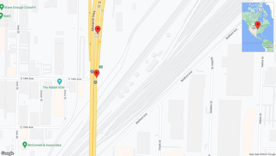 A detailed map that shows the affected road due to 'Broken down vehicle on northbound I-29/I-35 in North Kansas City' on July 16th at 4:14 p.m.