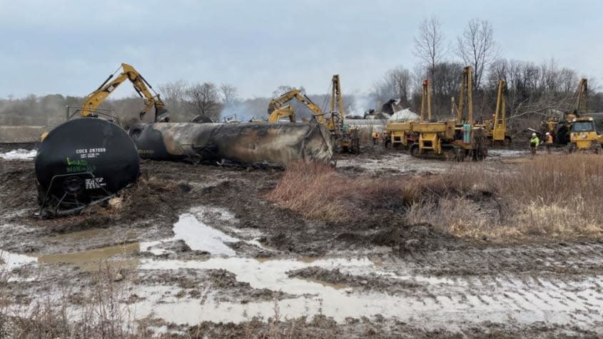 Wreckage from train derailment in East Palestine, Ohio. 