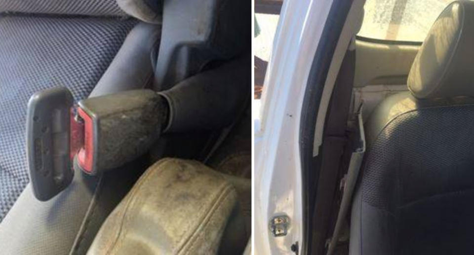 The buckle without the strap (left) and the modified seatbelt hidden (right). Source: SA Police