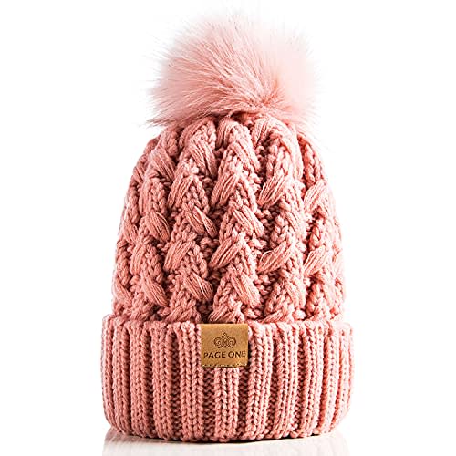 PAGE ONE Womens Winter Ribbed Beanie Crossed Cap Chunky Cable Knit Pompom Soft Warm Hat Rose Pink