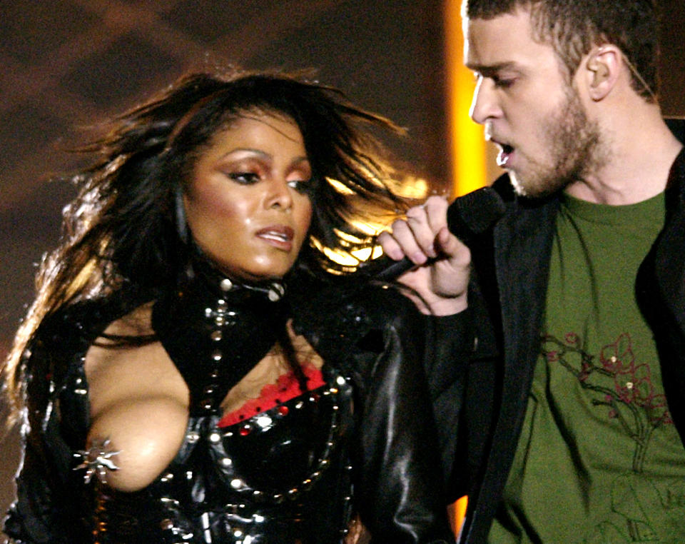 EDS NOTE NUDITY - FILE - Entertainer Janet Jackson's breast is exposed after her outfit came undone during the half time performance with Justin Timberlake, right, at Super Bowl XXXVIII in Houston, Feb. 1, 2004. (AP Photo/David Phillip) ** ZU APD1898 **