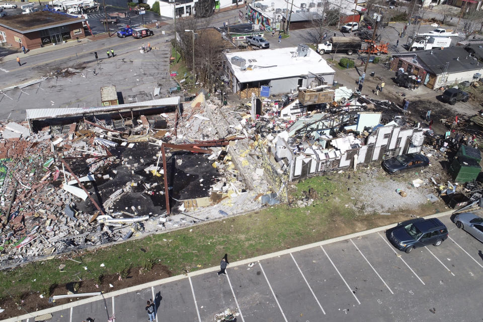 In this aerial image damage is seen in Nashville, Tennessee after a tornado