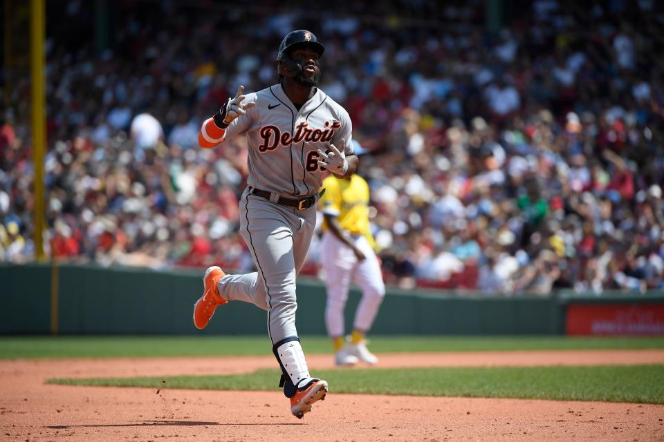 Detroit Tigers left fielder Akil Baddoo (60) rounds the bases after hitting a home run during the sixth inning against the Boston Red Sox at Fenway Park, Aug. 13, 2023 in Boston.