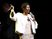 FILE - In this Nov. 7, 2017 file photo, Aretha Franklin attends the Elton John AIDS Foundation's 25th Anniversary Gala in New York. Franklin died Thursday, Aug. 16, 2018 at her home in Detroit. She was 76. (Photo by Andy Kropa/Invision/AP, File)