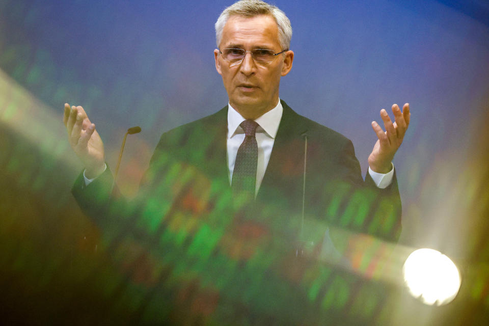 NATO Secretary General Jens Stoltenberg speaks during a media conference at NATO headquarters in Brussels, Wednesday, June 15, 2022. The leaders of seven NATO nations from across Europe pledged their support Tuesday for Sweden and Finland's bids to join the alliance and for providing more heavy weapons to help Ukraine battle Russia. (AP Photo/Olivier Matthys)