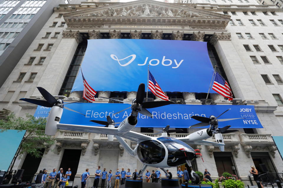 The Joby Aviation Air Taxi is seen outside the New York Stock Exchange (NYSE) in Manhattan, New York City, U.S., August 11, 2021. REUTERS/Andrew Kelly