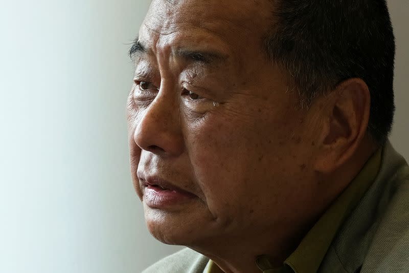 A drop of tear is seen on the face of media mogul Jimmy Lai Chee-ying, founder of Apple Daily during an interview to response national security legislation in Hong Kong