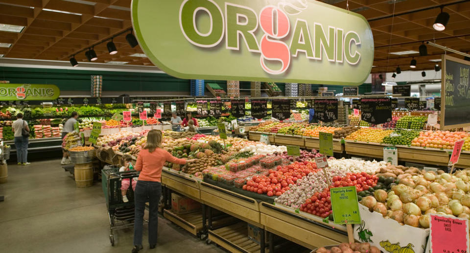 Shopping centre organic fruit and vegetables shown as experts warn against non organic produce.