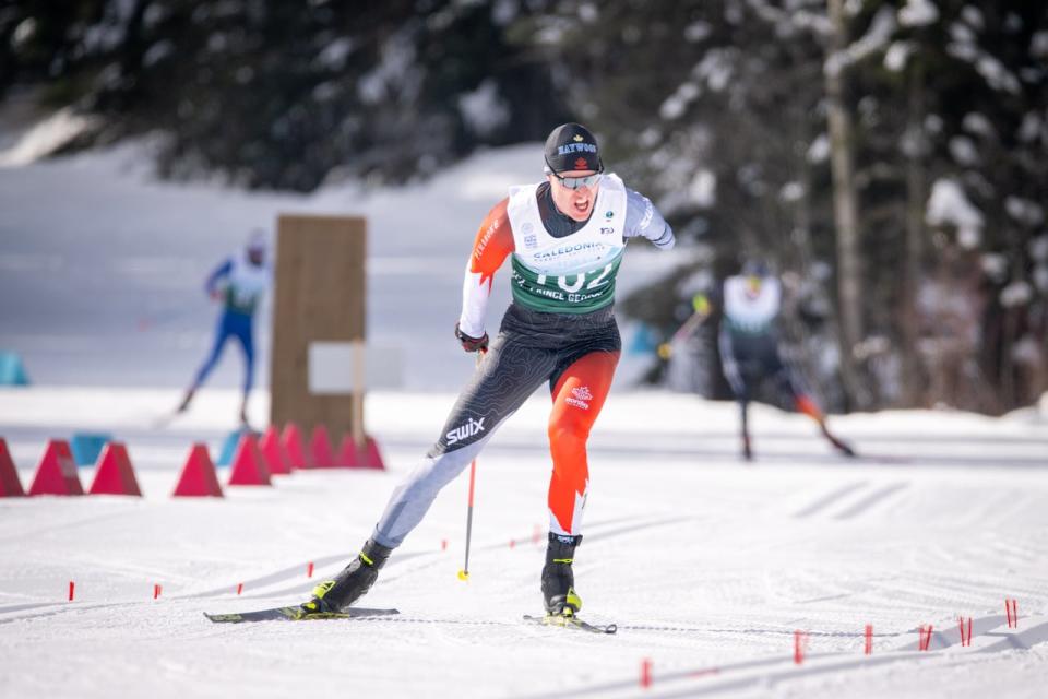 Canada's Mark Arendz, pictured on Wednesday, continued his outstanding season by winning the men's 12.5-kilometre standing individual race on Thursday in a time of 35 minutes 01.2 seconds at the Caledonia Nordic Ski Club in Prince George, B.C. (Nordiq Canada - image credit)