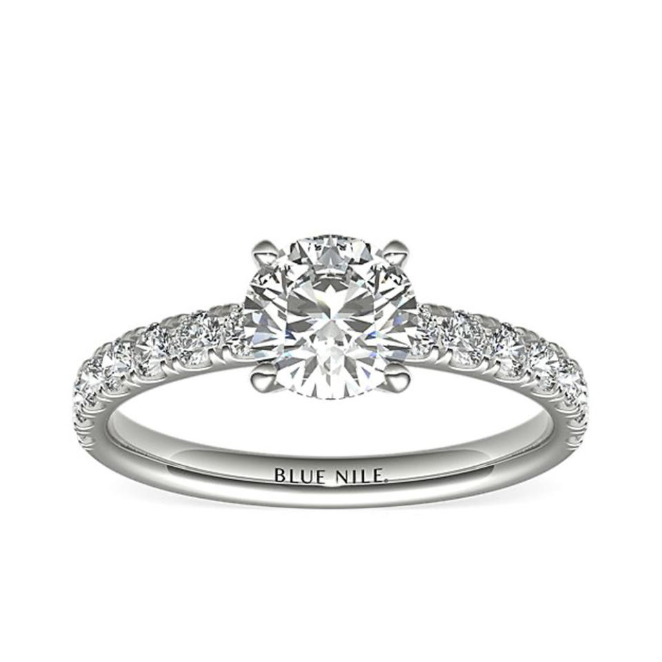 Blue Nile Scalloped Pavé Diamond Engagement Ring In 18k White Gold  on white background