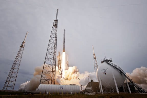A SpaceX Falcon 9 v1.1 rocket blasts off for the International Space Station carrying an unmanned Dragon cargo ship on April 18, 2014. The mission launched from Cape Canaveral Air Force Station in Florida and is SpaceX's third cargo delivery fo