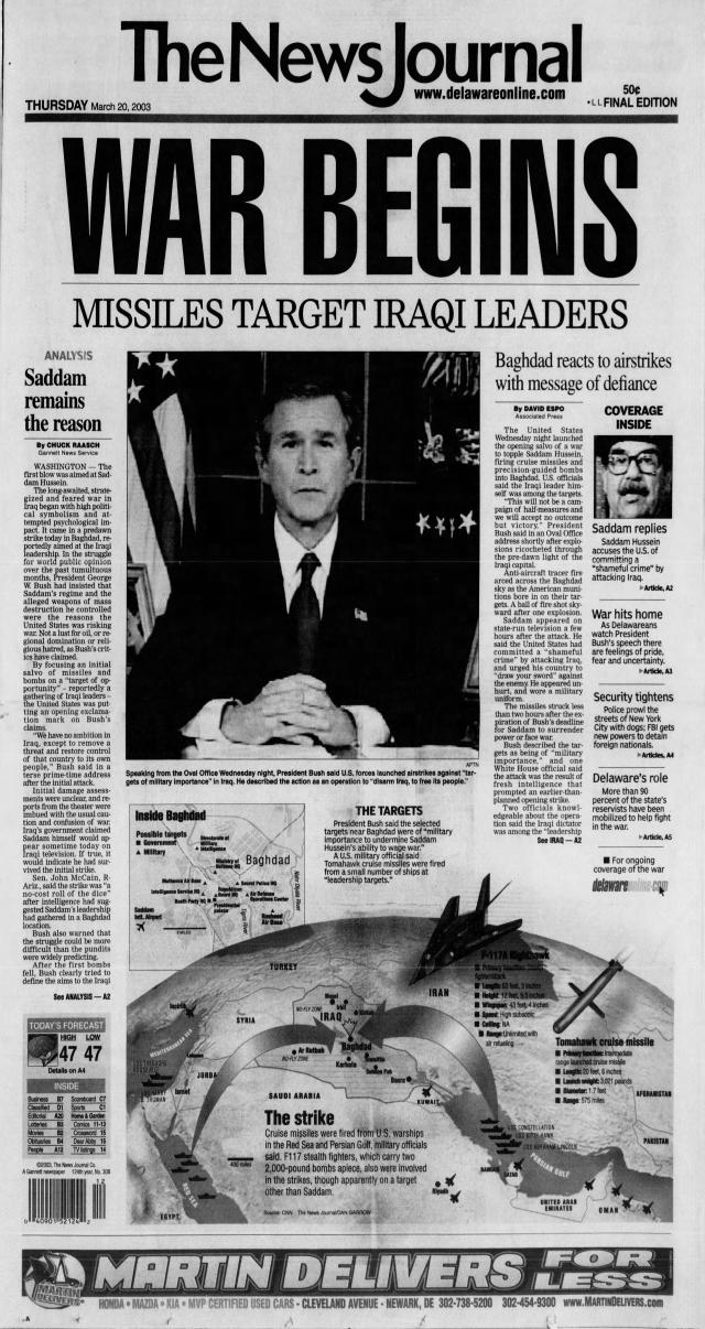 Front page of The News Journal from March 20, 2003.