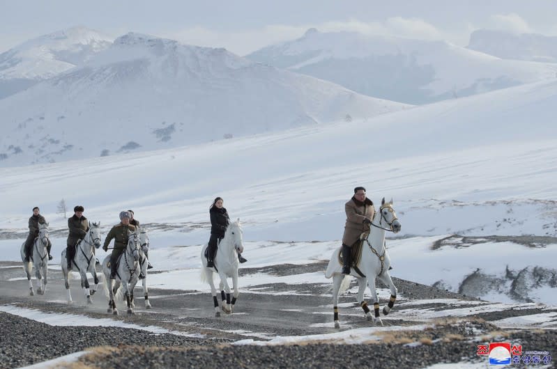 KCNA picture of North Korean leader Kim Jong Un visiting battle sites in areas of Mt Paektu