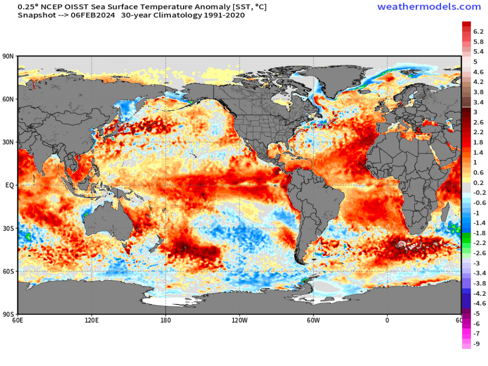 Sea surface temperatures in the tropics are much hotter than normal, as this graphic from WeatherModels.com illustrates. U.S. officials said Thursday that the current El Niño qualifies as a "super El Niño."