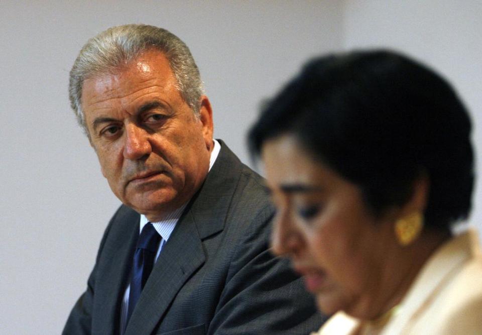 Cyprus foreign minister Erato Kozakou Marcoullis, right, and Greek Foreign Minister Dimitris Avramopoulos speak to the media during a press conference at Foreign house in capital Nicosia, Cyprus, Sunday, July 1, 2012. Dimitris Avramopoulos is in Cyprus for two-day official visit. (AP Photo/Philippos Christou)