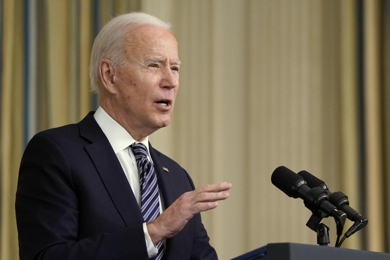President Joe Biden speaks about the COVID-19 relief package in the State Dining Room of the White House, Monday, March 15, 2021, in Washington. (AP Photo/Patrick Semansky)