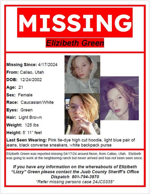 A missing person poster with images of a 21-year-old female.