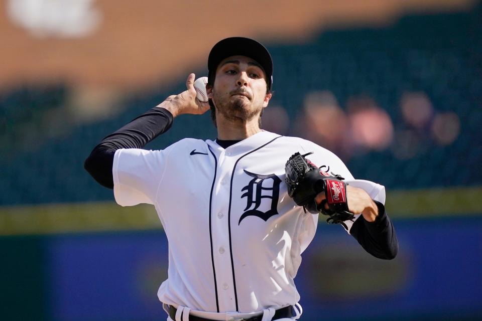 Tigers starting pitcher Alex Faedo throws during the second inning of the second game of a doubleheader against the Athletics, Tuesday, May 10, 2022, in Detroit. It was Faedo's second career MLB start.