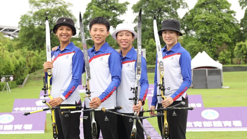 ▲模擬東京奧運對抗賽，射箭奧運培訓隊女子隊成員林佳恩、雷千瑩、譚雅婷、彭家楙。（圖／國訓中心提供）