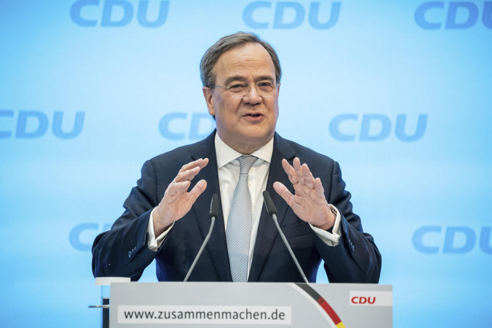 Christian Democratic Union, CDU, party chairman and Prime Minister of federal state North Rhine-Westphalia, Armin Laschet speaks at the kick-off event of the participation campaign for the party's election platform at the party's headquarters in Berlin, Germany, Tuesday, March 30, 2021. On Sunday, Sept.27, 2021 general elections planed in Germany. (Michael Kappeler/dpa via AP)