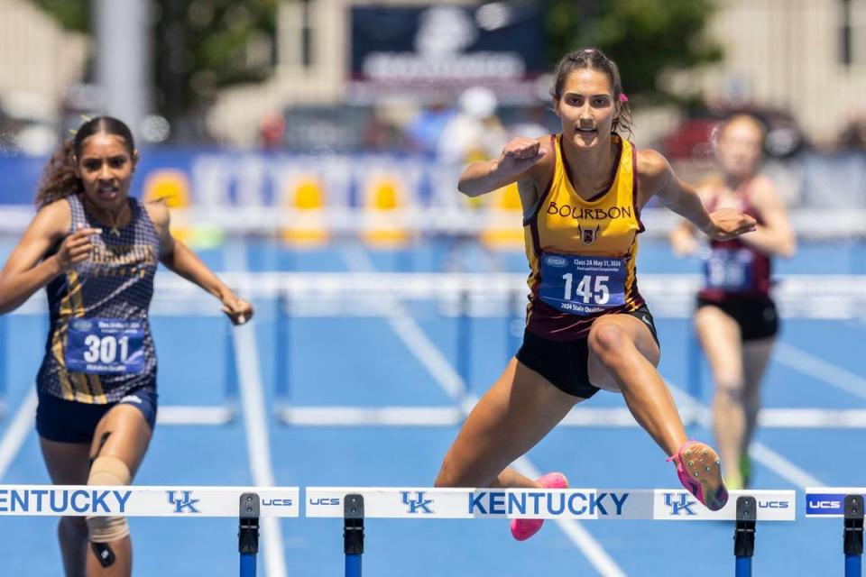 Bourbon County’s Marleigh Estes won the 300 hurdles during Friday’s Class 2A meet at UK.