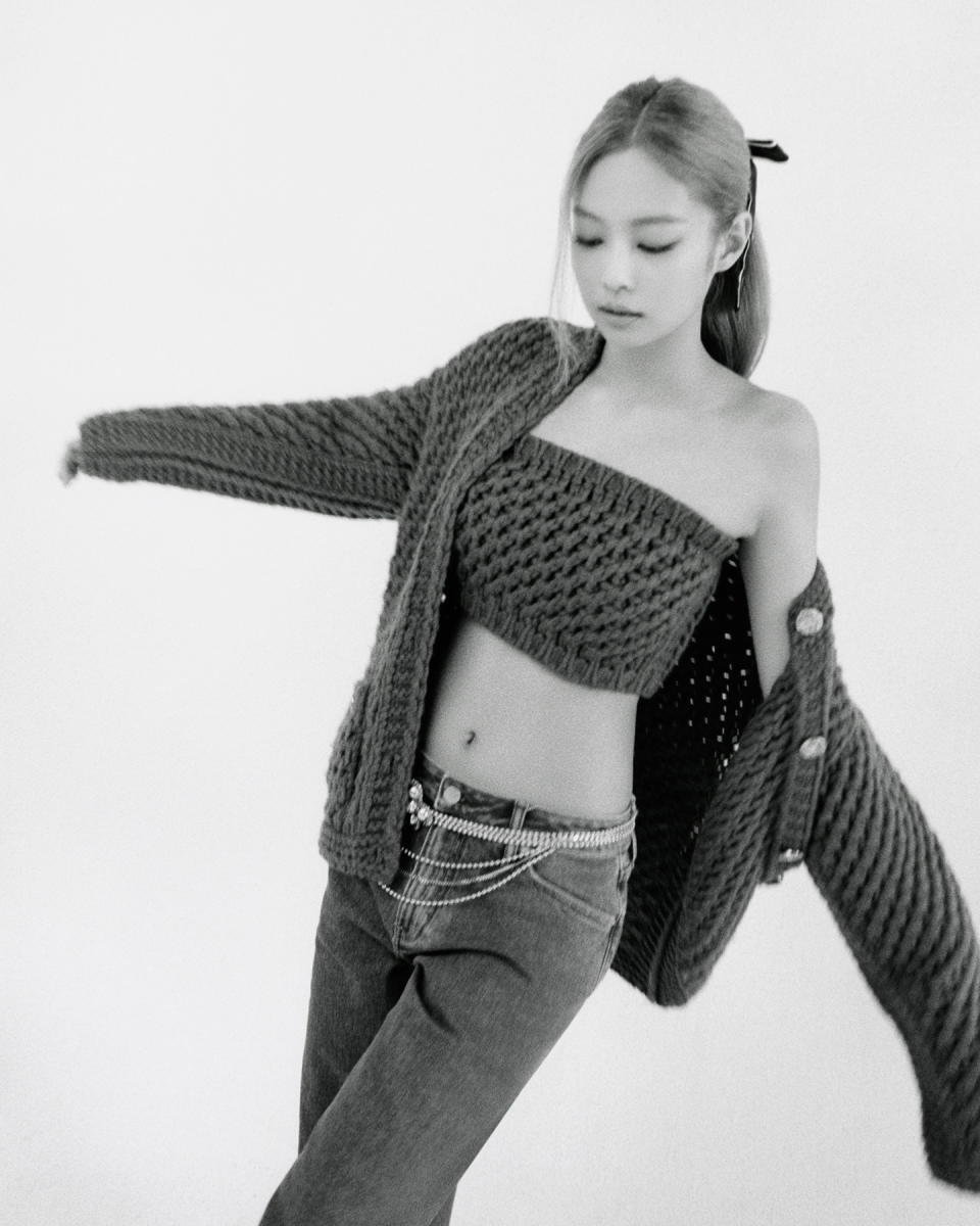 Jennie photographed in Seoul, South Korea, on April 9, 2022 - Credit: Photograph by Peter Ash Lee for Rolling Stone. Top and cardigan by Chanel. Pants by Calvin Klein