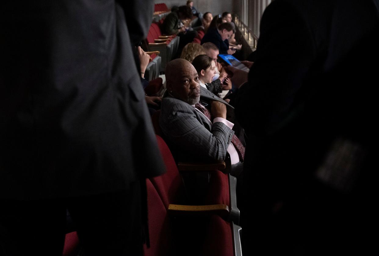 Rodney Wells, father of Tyre Nichols, looks on after speaking with Rep. John Gillespie, R- Memphis, during a House session at the State Capitol in Nashville, Tenn., Monday, March 4, 2024.