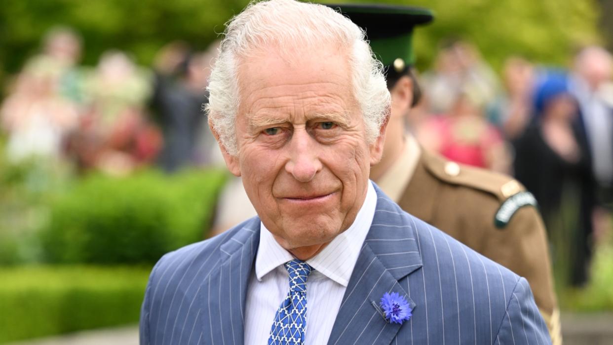   King Charles III attends a garden party at Hillsborough Castle on May 24, 2023 in Belfast, Northern Ireland. King Charles III and Queen Camilla are visiting Northern Ireland for the first time since their Coronation.  