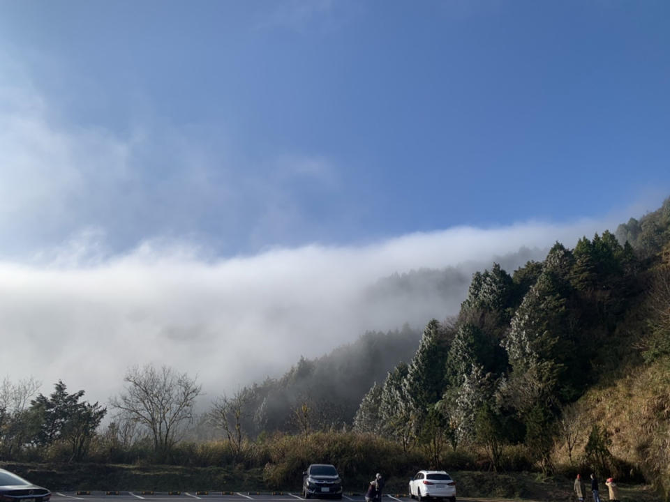 太平山國家森林遊樂區見晴懷古步道附近27日上午8時轉晴，一眼望去大片雲海及雲瀑湧現，籠罩太平山莊。中央社（太平山國家森林遊樂區提供）
