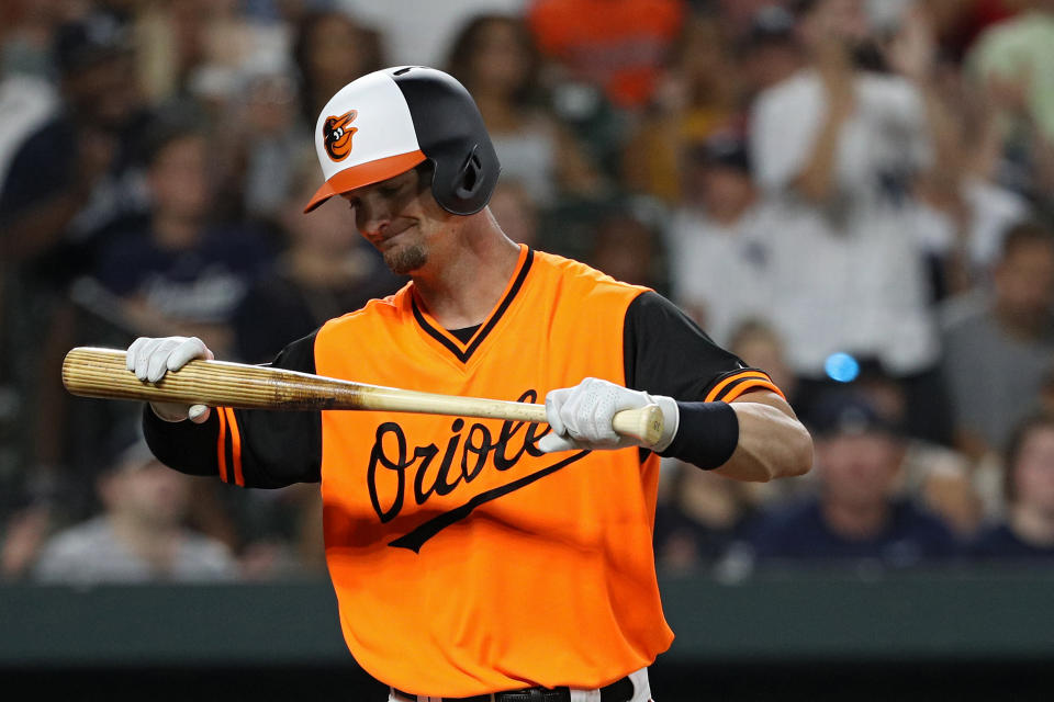 Caleb Joseph reacts after striking out against the New York Yankees during the sixth inning at Oriole Park at Camden Yards on Aug. 26, 2018 in Baltimore, Maryland. (Getty Images)
