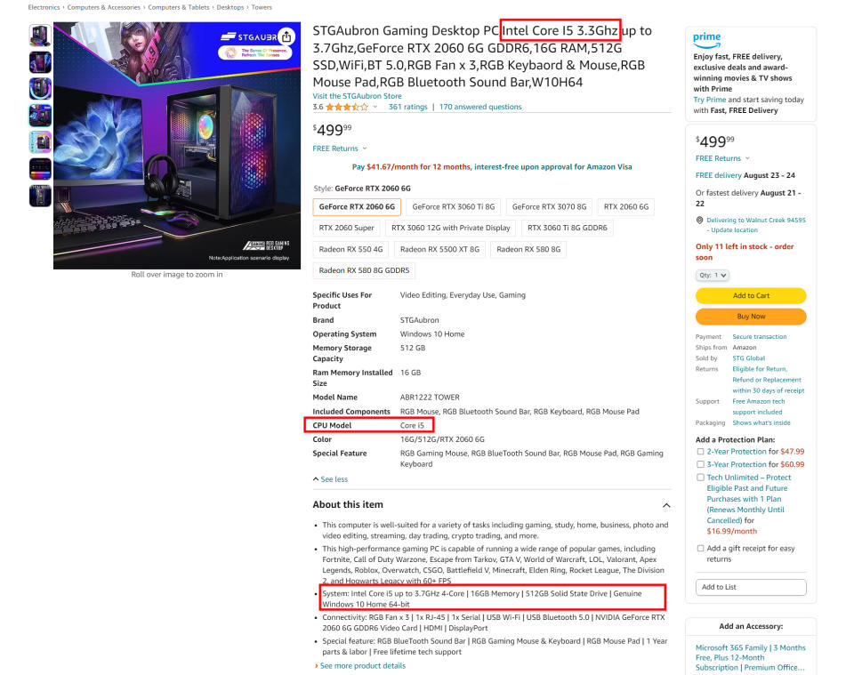 Screenshot of an Amazon listing highlighting red flags when buying a cheap gaming PC off Amazon