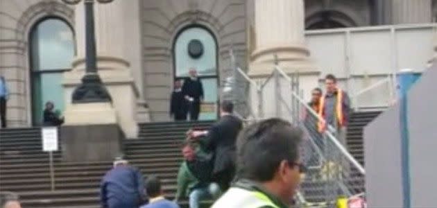 Frankston MP Geoff Shaw has been accused of physically assaulting a taxi protester on the steps of Victorian Parliament. Photo: 7News