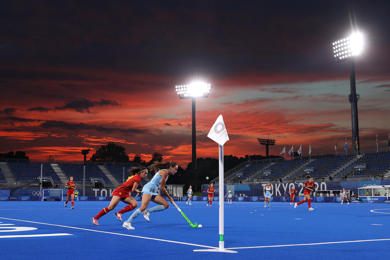 TOKYO, JAPAN - JULY 26: Eugenia Maria Trinchinetti of Team Argentina and Julia Pons Genesca of Team Spain battle for the ball during the Women's Preliminary Pool B match between Argentina and Spain on day three of the Tokyo 2020 Olympic Games at Oi Hockey Stadium on July 26, 2021 in Tokyo, Japan. (Photo by Alexander Hassenstein/Getty Images)