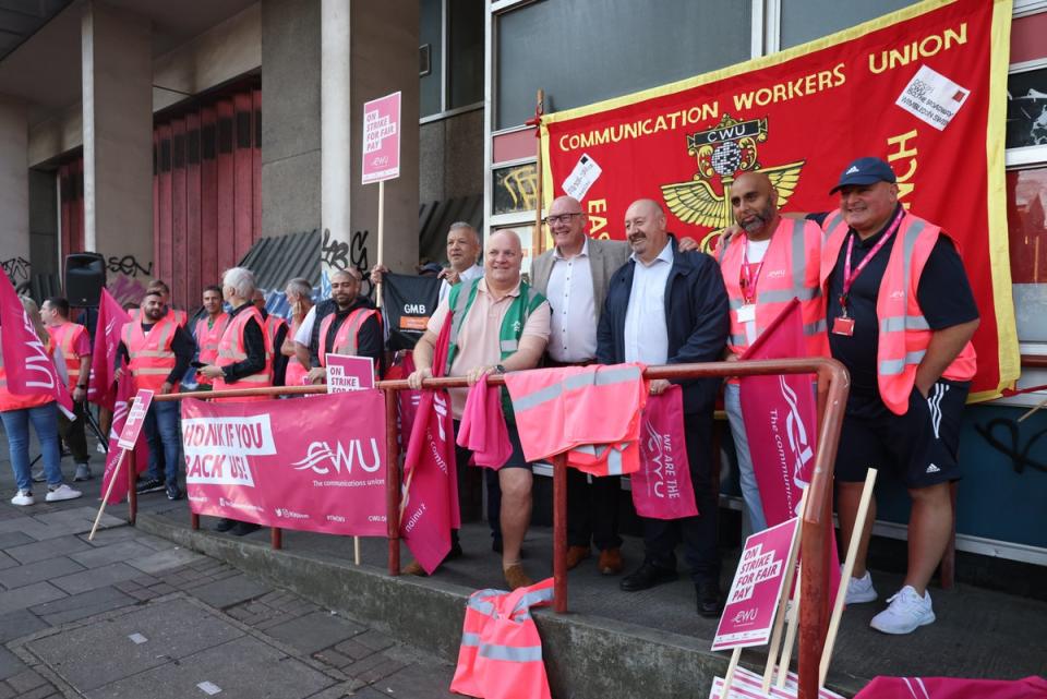 Postal workers on the picket line at the Royal Mail Whitechapel Delivery Office in east London (PA) (PA Wire)