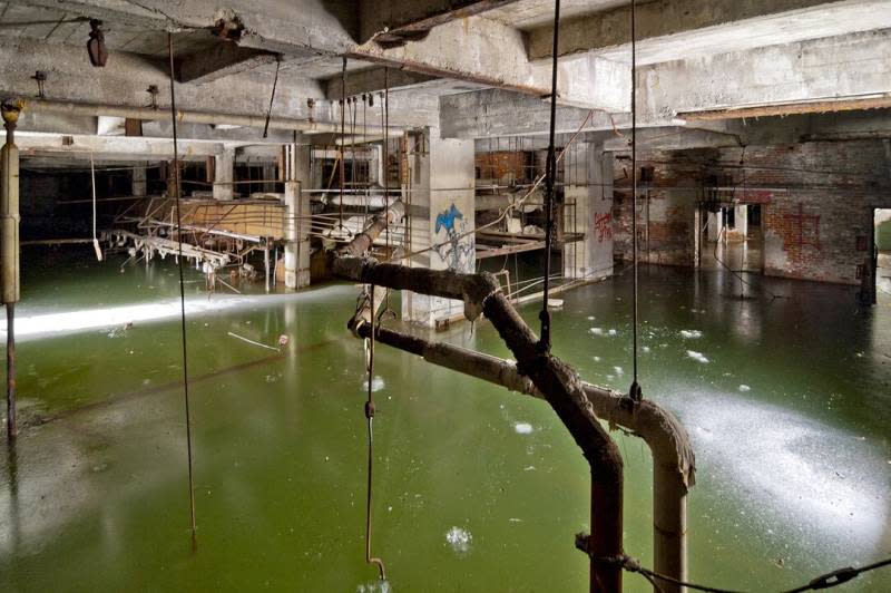 Repeated flooding in the basement of the Michigan Central Depot, purchased by Ford Motor Co., in 2018, delayed the restoration and reopening. Standing water did incredible damage to brick and steel. This image as taken in 2019.