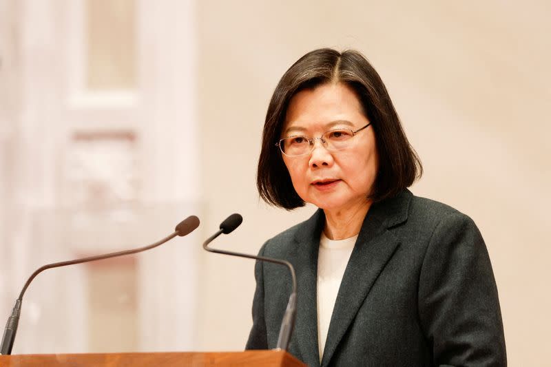 FILE PHOTO: Taiwan President Tsai Ing-wen speaks during a news conference with the incoming Taiwan Premier Chen Chien-jen and outgoing Taiwan Premier Su Tseng-chang, in Taipei