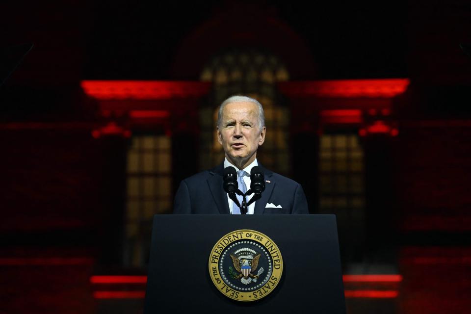 "Too much of what’s happening in our country today is not normal," President Joe Biden says on Sept. 1, 2022, in a 24-minute speech outside Independence National Historical Park in Philadelphia.