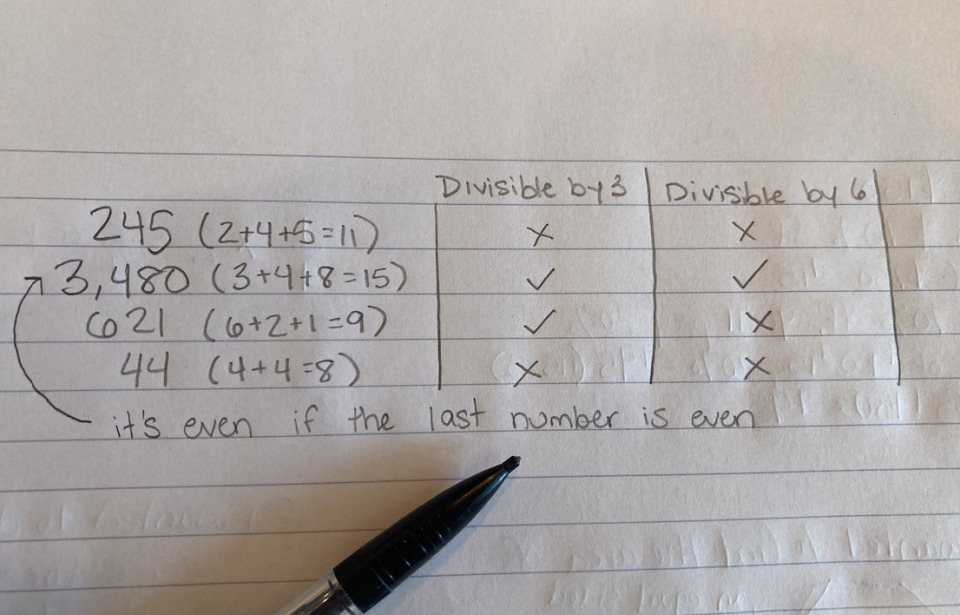 Handwritten math divisibility rules with a pen resting on the paper