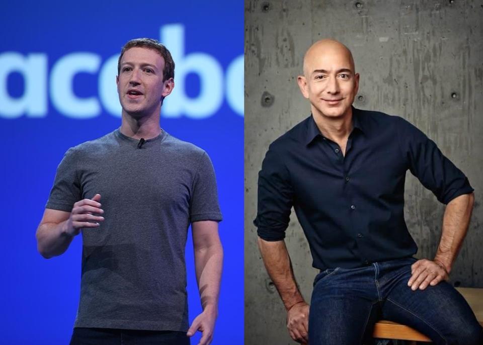 臉書創辦人祖克柏、亞馬遜創辦人貝佐斯去年慈善捐助金額排行全球前五名。   圖：新頭殼合成