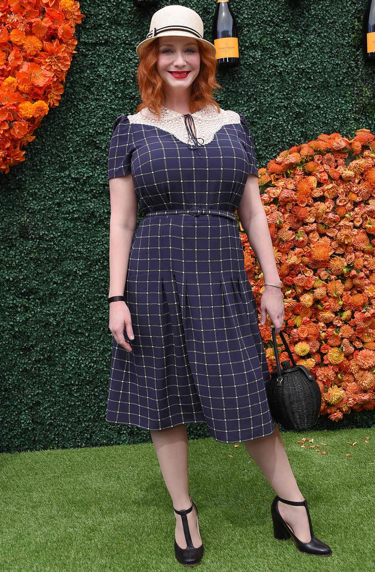 British/US actress Christina Hendricks arrives for the Veuve Clicquot Polo Classic 2021 at Will Rogers State Park in Pacific Palisades, California, on October 2, 2021. (Photo by LISA O'CONNOR / AFP)