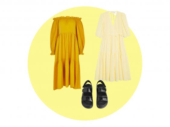 Yellow bardot maxi puff dress (River Island, £38), chunky leather sandals (Arket, £150), puff-sleeve midi dress (Weekday, £60)