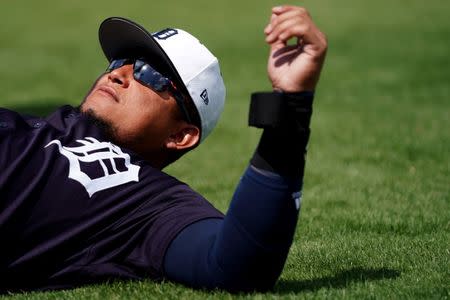 Mar 24, 2019; Lakeland, FL, USA; Detroit Tigers designated hitter Miguel Cabrera (24) stretches prior to a game against the Toronto Blue Jays at Publix Field at Joker Marchant Stadium. Mandatory Credit: Aaron Doster-USA TODAY Sports