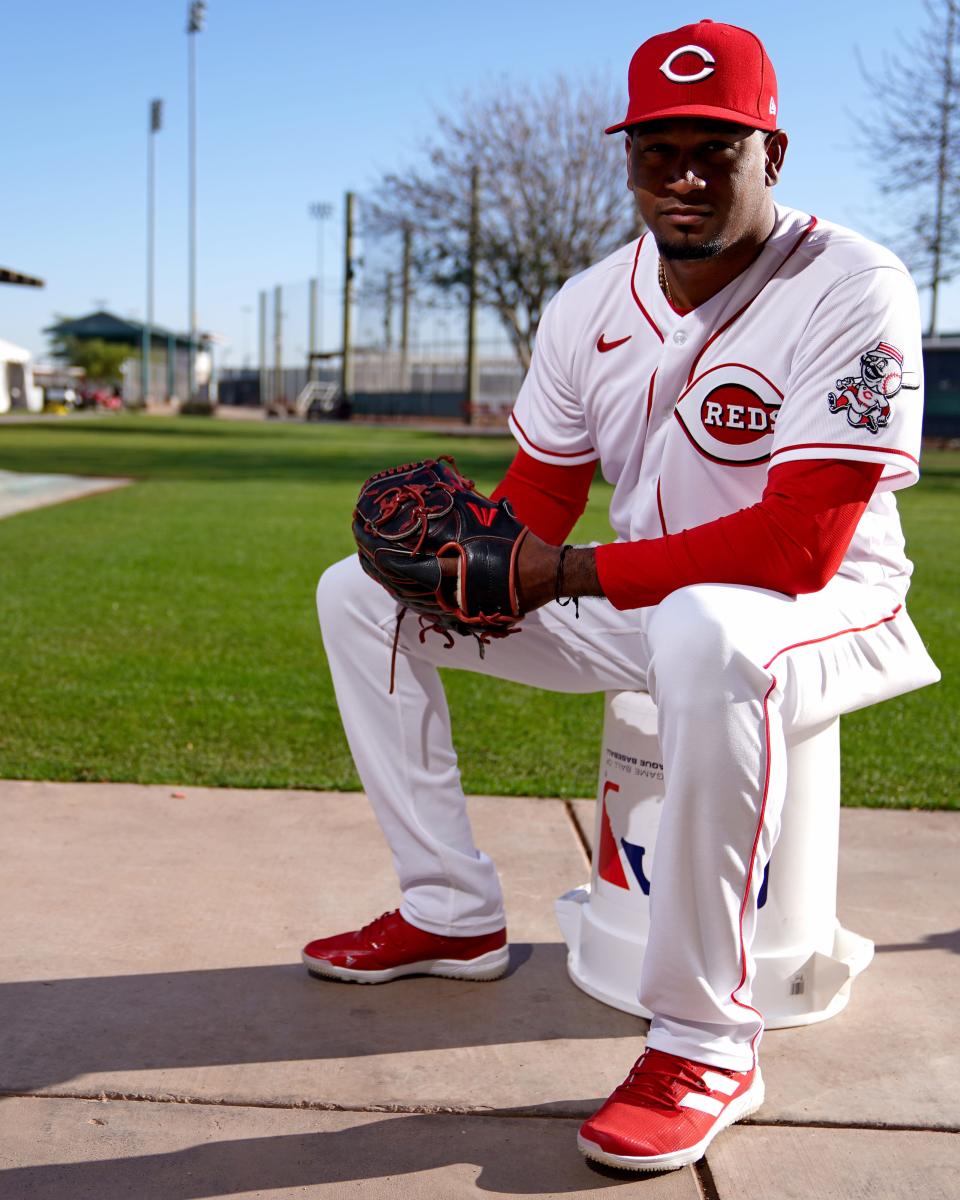 Cincinnati Reds pitcher Alexis Diaz (84), pictured, Friday, March 18, 2022, at the baseball team's spring training facility in Goodyear, Ariz.