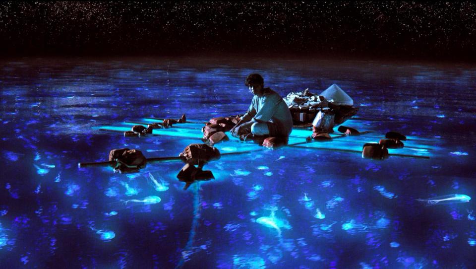 This publicity photo released by 20th Century Fox shows Suraj Sharma as Pi Patel taking in the bioluminescent wonders of the sea in a scene from the film, "Life of Pi." With 11 Academy Awards nominations, second only to “Lincoln” with 12, and the sort of global box-office receipts normally reserved for superheroes, “Life of Pi” is one of the most unusual megahits ever to hit the big-screen. (AP Photo/20th Century Fox)