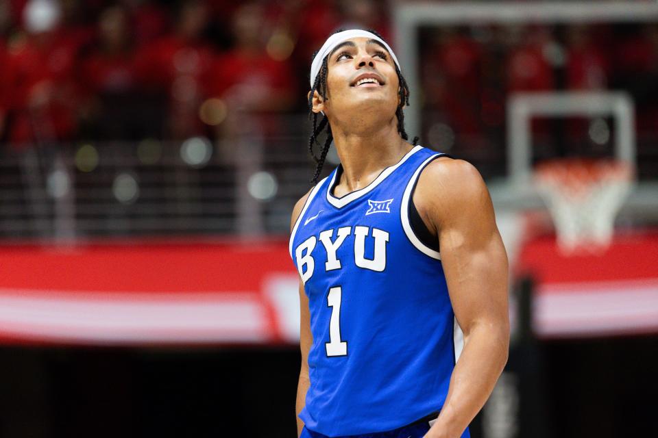 Brigham Young Cougars guard Trey Stewart (1) looks up at the crowd during a men’s basketball game against the Utah Utes at the Jon M. Huntsman Center in Salt Lake City on Saturday, Dec. 9, 2023. | Megan Nielsen, Deseret News