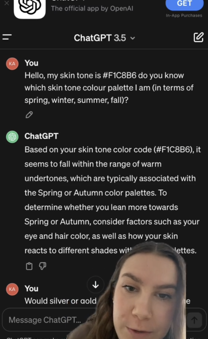 Screenshot of a ChatGPT conversation on determining skin tone palette. The bottom shows a person speaking with part of their face visible