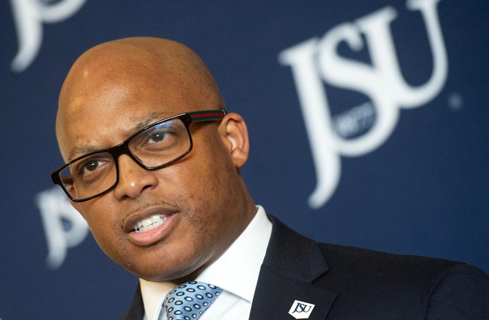 Jackson State University President Marcus L. Thompson addresses media during a news conference at the university in Jackson on Thursday. Thompson said one of his early focal points will be campus security.