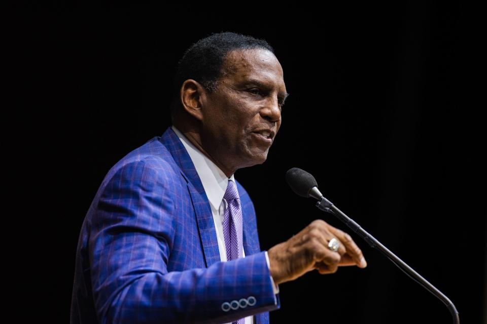 Utah State Rep. Burgess Owens speaks during the Utah Republican Party Organizing Convention at Utah Valley University in Orem on April 22, 2023. | Ryan Sun, Deseret News